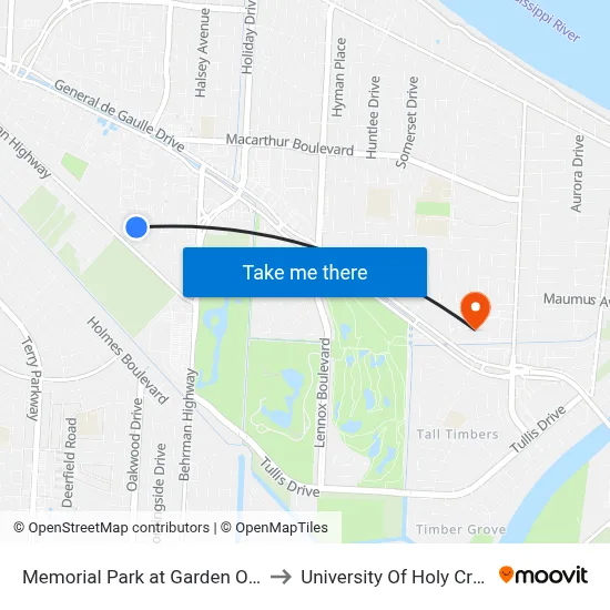 Memorial Park at Garden Oaks to University Of Holy Cross map