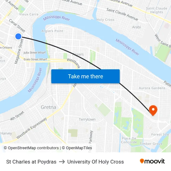 St Charles at Poydras to University Of Holy Cross map