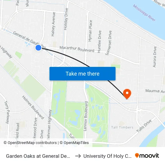 Garden Oaks at General Degaulle to University Of Holy Cross map