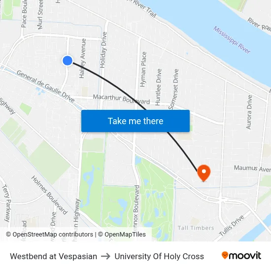 Westbend at Vespasian to University Of Holy Cross map