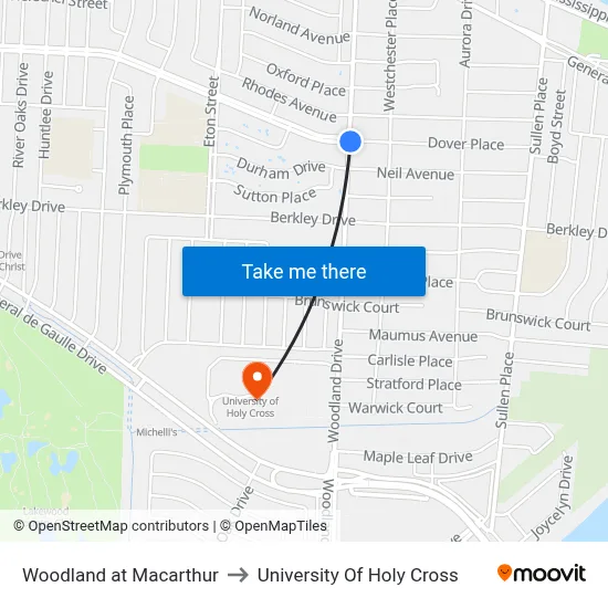 Woodland at Macarthur to University Of Holy Cross map