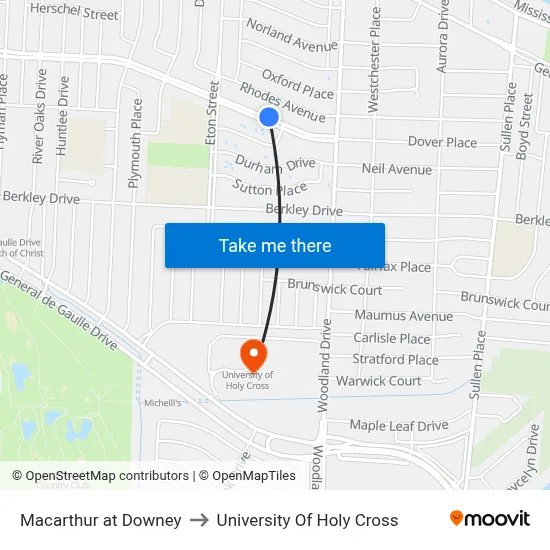 Macarthur at Downey to University Of Holy Cross map