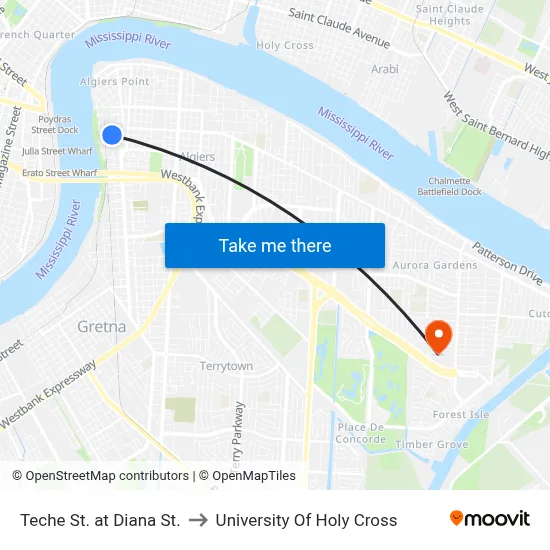 Teche St. at Diana St. to University Of Holy Cross map