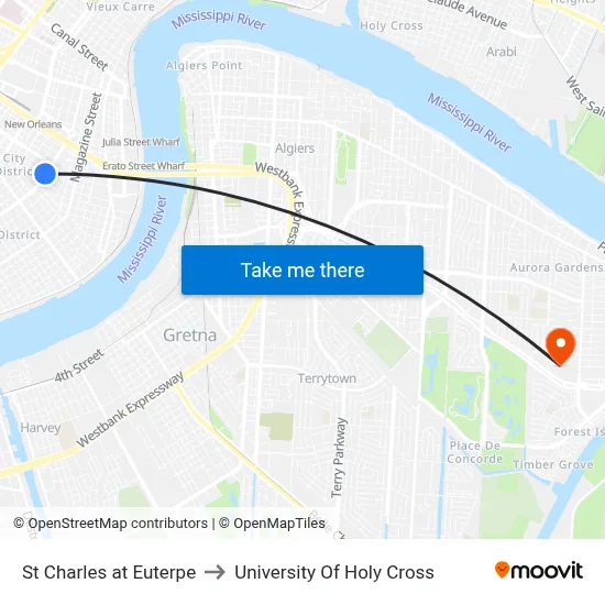 St Charles at Euterpe to University Of Holy Cross map