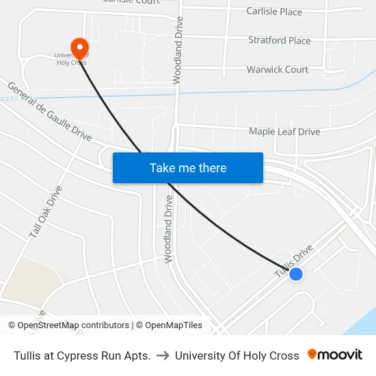 Tullis at Cypress Run Apts. to University Of Holy Cross map