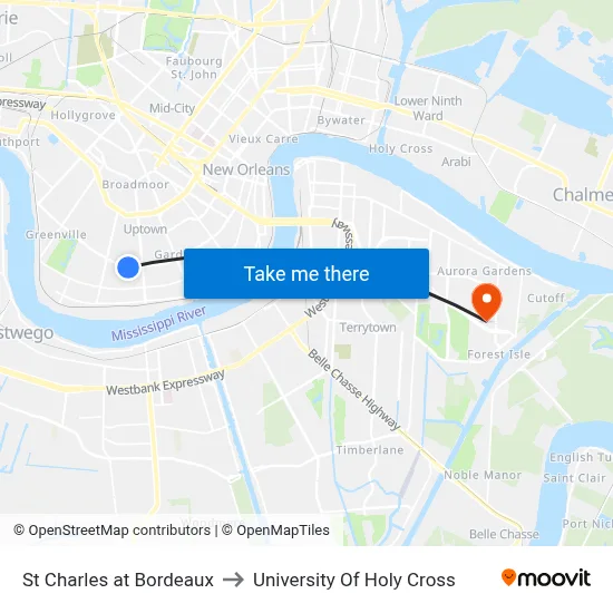 St Charles at Bordeaux to University Of Holy Cross map