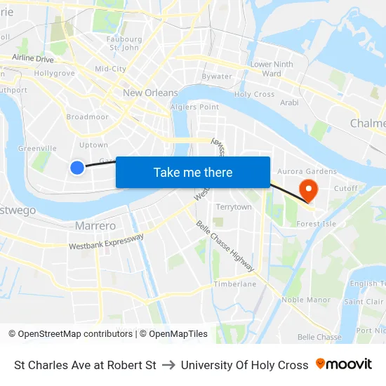 St Charles Ave at Robert St to University Of Holy Cross map