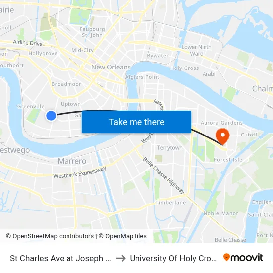 St Charles Ave at Joseph St to University Of Holy Cross map