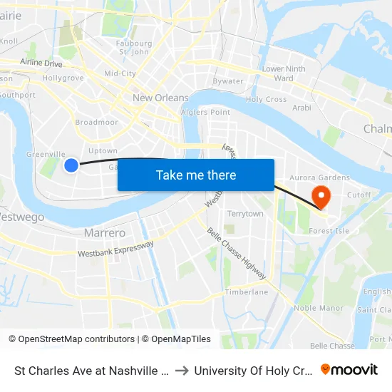 St Charles Ave at Nashville Ave to University Of Holy Cross map