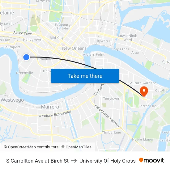 S Carrollton Ave at Birch St to University Of Holy Cross map