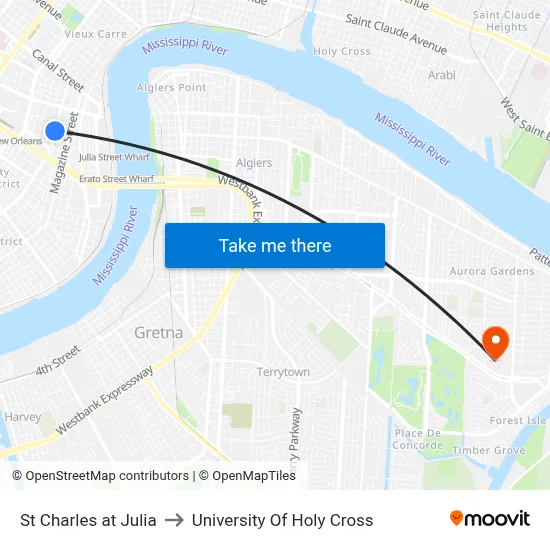 St Charles at Julia to University Of Holy Cross map