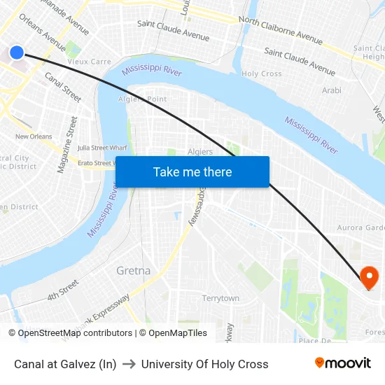 Canal at Galvez (In) to University Of Holy Cross map