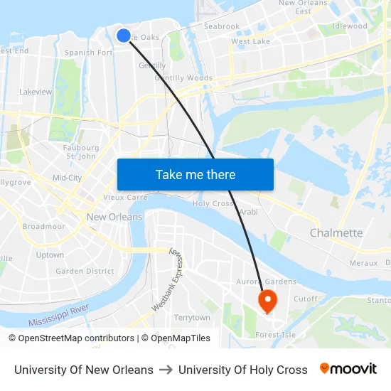 University Of New Orleans to University Of Holy Cross map