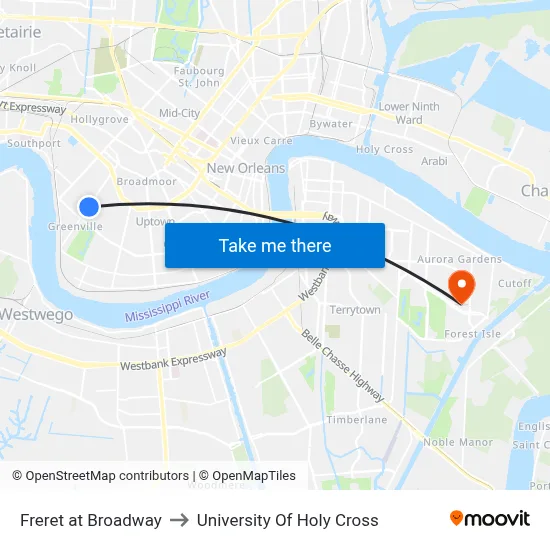 Freret at Broadway to University Of Holy Cross map