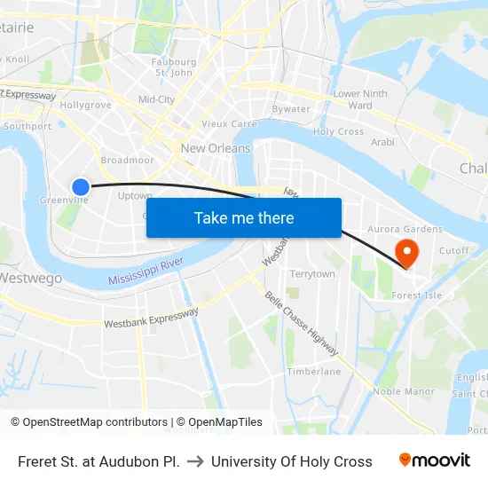 Freret St. at Audubon Pl. to University Of Holy Cross map