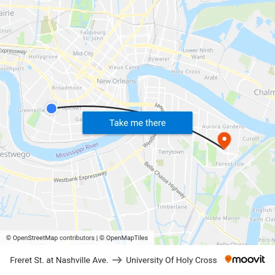 Freret St. at Nashville Ave. to University Of Holy Cross map