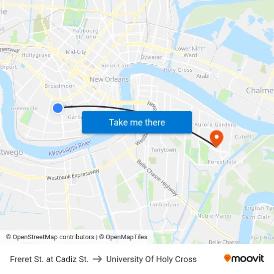 Freret St. at Cadiz St. to University Of Holy Cross map