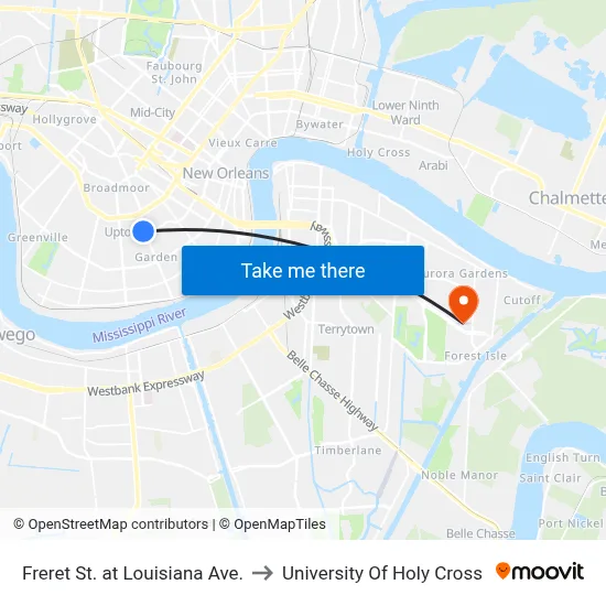 Freret St. at Louisiana Ave. to University Of Holy Cross map
