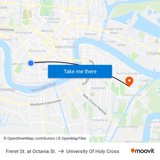 Freret St. at Octavia St. to University Of Holy Cross map