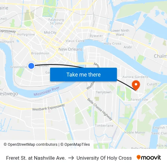 Freret St. at Nashville Ave. to University Of Holy Cross map
