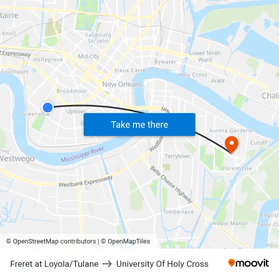 Freret at Loyola/Tulane to University Of Holy Cross map