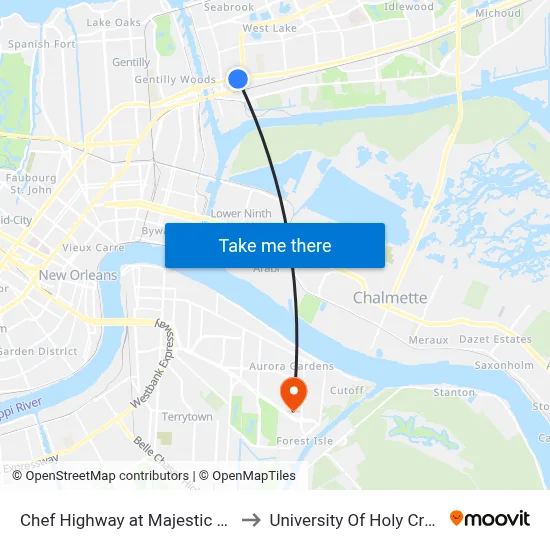 Chef Highway at Majestic Oak to University Of Holy Cross map