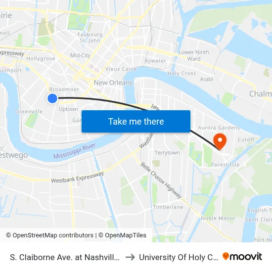 S. Claiborne Ave. at Nashville Ave. to University Of Holy Cross map