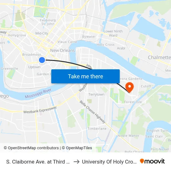 S. Claiborne Ave. at Third St. to University Of Holy Cross map