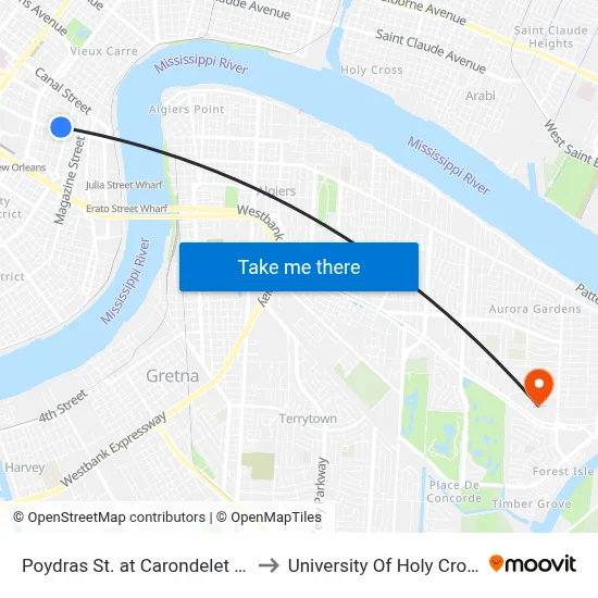 Poydras St. at Carondelet St. to University Of Holy Cross map