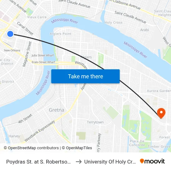 Poydras St. at S. Robertson St. to University Of Holy Cross map