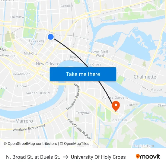 N. Broad St. at Duels St. to University Of Holy Cross map