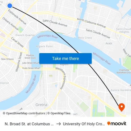N. Broad St. at Columbus St. to University Of Holy Cross map