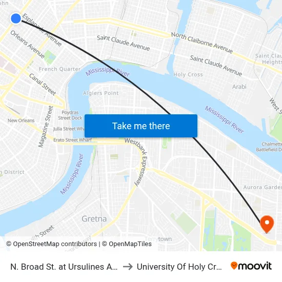N. Broad St. at Ursulines Ave. to University Of Holy Cross map