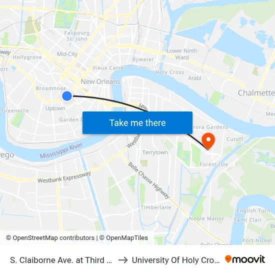 S. Claiborne Ave. at Third St. to University Of Holy Cross map