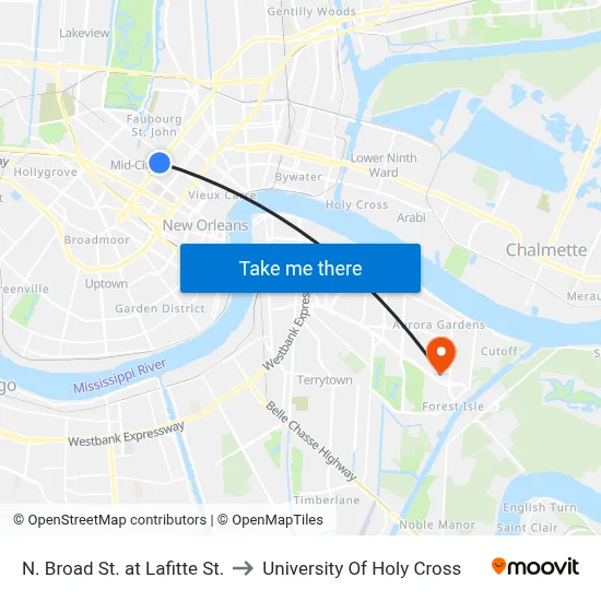 N. Broad St. at Lafitte St. to University Of Holy Cross map