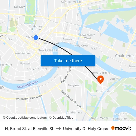 N. Broad St. at Bienville St. to University Of Holy Cross map