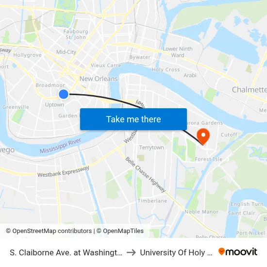 S. Claiborne Ave. at Washington Ave. to University Of Holy Cross map