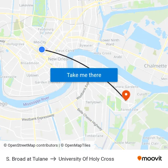 S. Broad at Tulane to University Of Holy Cross map