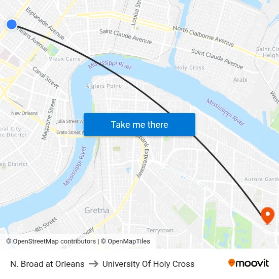 N. Broad at Orleans to University Of Holy Cross map