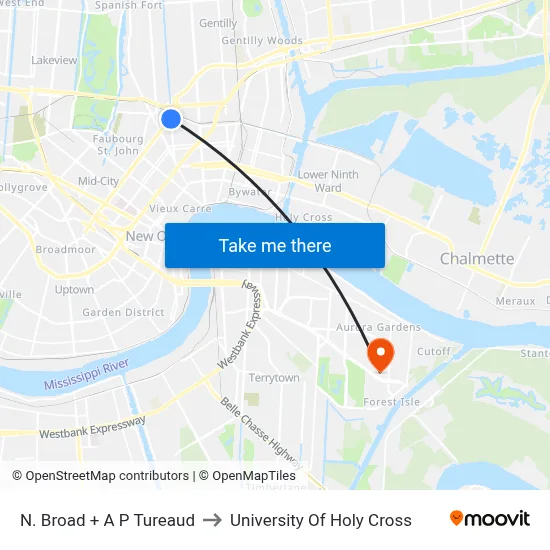 N. Broad + A P Tureaud to University Of Holy Cross map