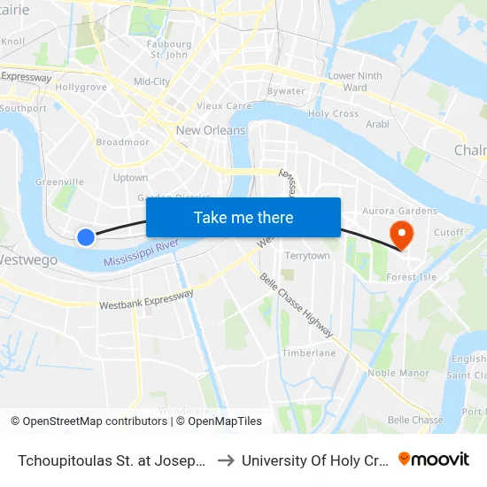 Tchoupitoulas St. at Joseph St. to University Of Holy Cross map