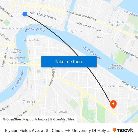 Elysian Fields Ave. at St. Claude Ave. to University Of Holy Cross map