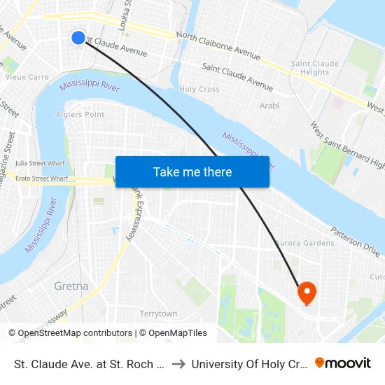 St. Claude Ave. at St. Roch Ave. to University Of Holy Cross map