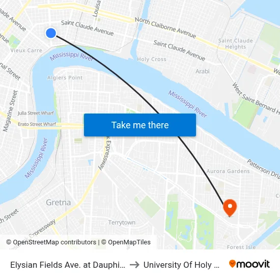 Elysian Fields Ave. at Dauphine St. to University Of Holy Cross map