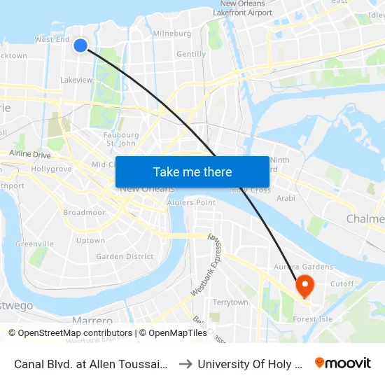 Canal Blvd. at Allen Toussaint Blvd to University Of Holy Cross map