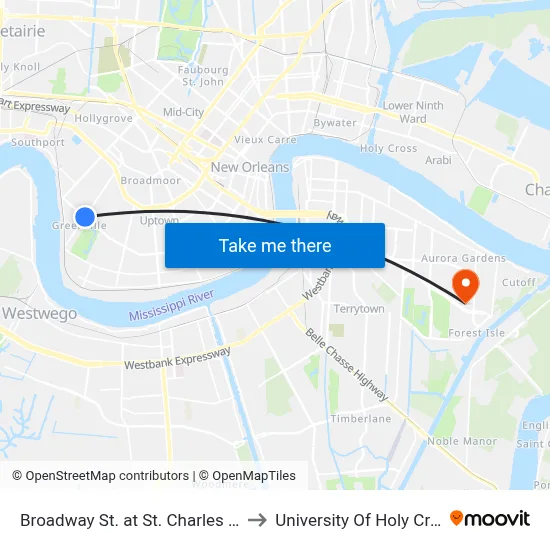Broadway St. at St. Charles Ave. to University Of Holy Cross map