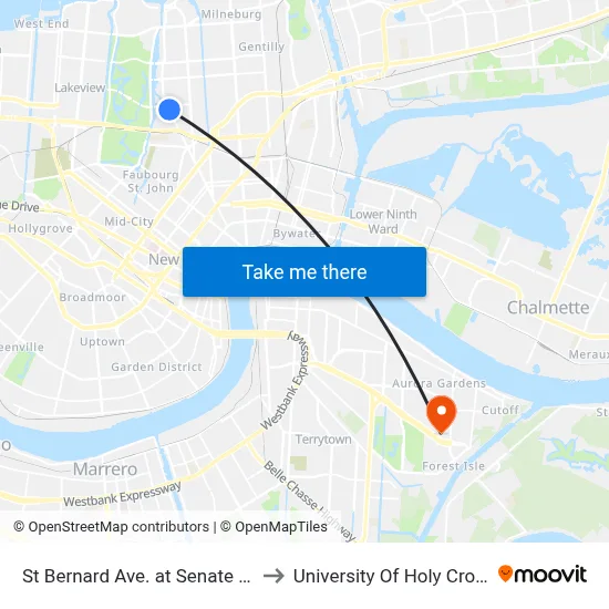 St Bernard Ave. at Senate St. to University Of Holy Cross map