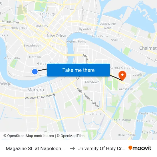 Magazine St. at Napoleon Ave. to University Of Holy Cross map
