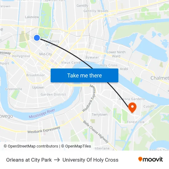 Orleans at City Park to University Of Holy Cross map