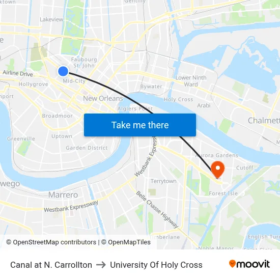 Canal at N. Carrollton to University Of Holy Cross map